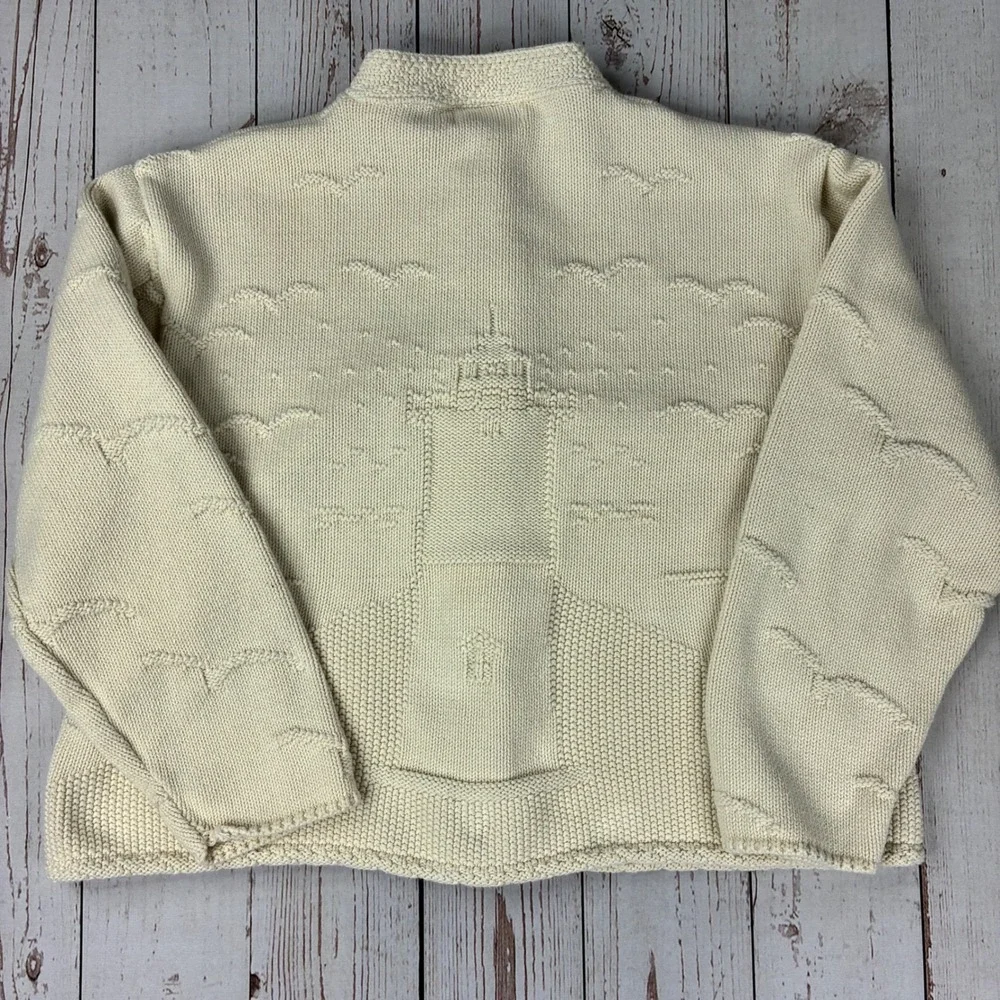 Brimwick Custom Knitwear Cream Cotton Lighthouse Nautical Cardigan Sweater XL